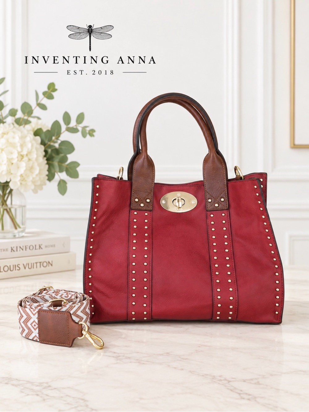 Burgundy Studded Satchel Tote Bag with Geometric Crossbody Strap